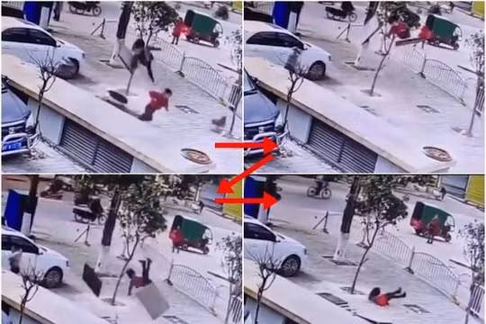 Hình ảnh chú bé ở Long Nham, Phúc Kiến bị vụ nổ hất tung lên cao (Ảnh: Đông Phương).