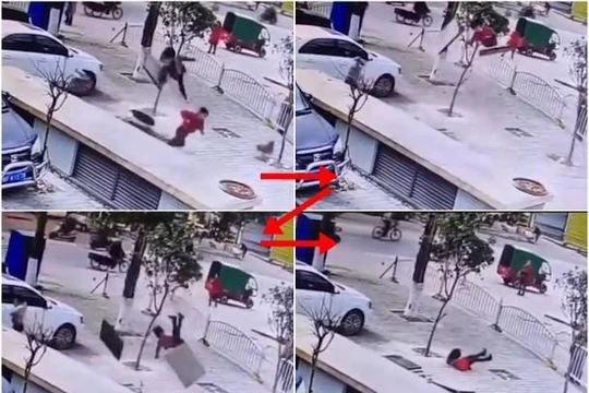 Hình ảnh chú bé ở Long Nham, Phúc Kiến bị vụ nổ hất tung lên cao (Ảnh: Đông Phương).