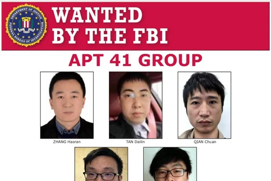 5 tin tặc Trung Quốc bị Bộ Tư pháp Mỹ khởi tố.Người ở giữa, hàng trên là Đàm Đại Lâm (Ảnh: FBI/DOJ).
