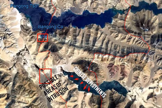 Bản đồ do Bộ Quốc phòng Ấn Độ công bố cho thấy quân đội Trung Quốc lấn sang phía lãnh thổ Ấn Độ (Ảnh: Đa Chiều).