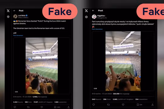 Các video giả mạo được lồng tiếng hô ủng hộ và phản đối Tổng thống Nga trong một trận cầu giải Vô địch châu Âu ở Đức trong khi thực tế không có. Ảnh: Deutsche Welle.
