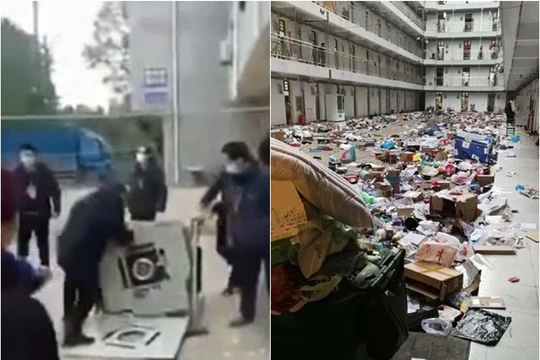 Hình ảnh các nhân viên phòng dịch đập phá (trái) và quăng đồ đạc của học sinh trong ký túc xá xuống sân bị truyền thông phê phán (Ảnh: Đông Phương).