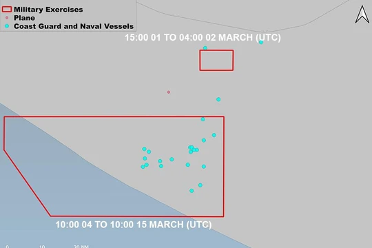 Khu vực Quân đội Trung Quốc diễn tập đã lấn qua đường trung tuyến Vịnh Bắc Bộ kéo dài, sâu sang vùng biển thuộc Vùng đặc quyền kinh tế và thềm lục địa Việt Nam (Ảnh: @Duan Dang).