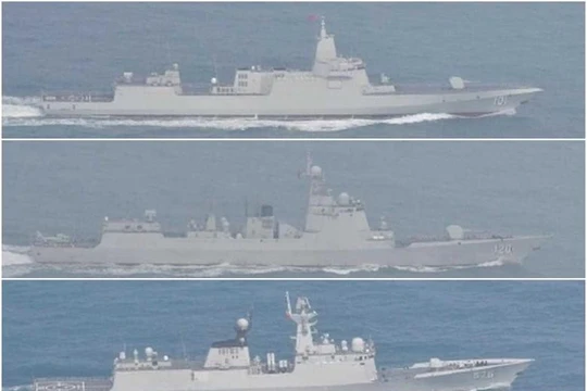 3 tàu Trung Quốc đi vào biển Nhật Bản hôm 19/3. Trên xuống là các tàu Nam Xương, Thành Đô và Đại Khánh (Ảnh: Đông Phương).