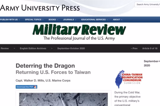 Bài viết trên tạp chí Military Review số mới nhất của quân đội Mỹ kêu gọi tái triển khai quân Mỹ tới Đài Loan đang gây nên sóng gió (Ảnh: VOA).