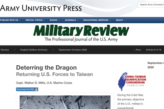 Bài viết trên tạp chí Military Review số mới nhất của quân đội Mỹ kêu gọi tái triển khai quân Mỹ tới Đài Loan đang gây nên sóng gió (Ảnh: VOA).
