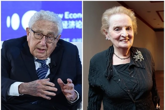 Hai cựu Ngoại trưởng Henry Kissinger và Madeleine Albright vừa bị ông Trump sa thải khỏi Ban chính sách Quốc phòng (Ảnh: Dongfang).