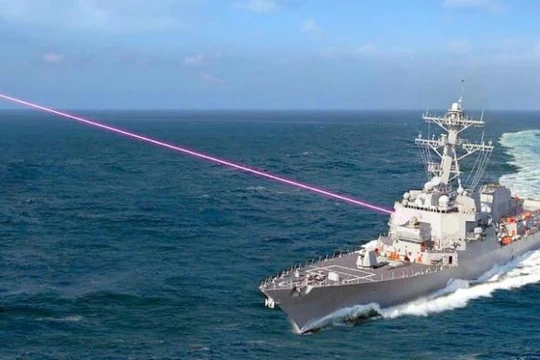 Sơ đồ mô phỏng tàu Mỹ sử dụng hệ thống Helios bắn hạ máy bay không người lái (Ảnh: globalsecurity).