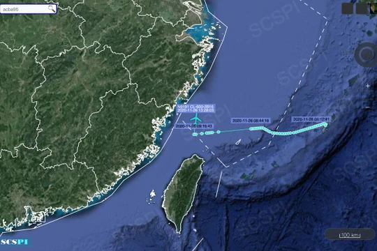 Bản đồ của Dự án Nhận thức tình hình chiến lược Biển Đông (Trung Quốc) công bố cho thấy chiếc CL-604 vào rất gần bờ biển tỉnh Chiết Giang (Ảnh: Dongfang).