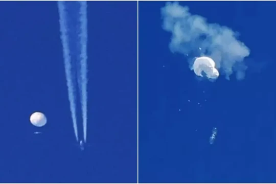 Chiều 4/2, Không quân Mỹ đã sử dụng máy bay chiến đấu F-22 bắn hạ khi khí cầu Trung Quốc xuống Đại Tây Dương bằng tên lửa (Ảnh: Singtao).