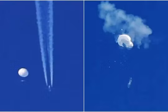 Chiều 4/2, Không quân Mỹ đã sử dụng máy bay chiến đấu F-22 bắn hạ khi khí cầu Trung Quốc xuống Đại Tây Dương bằng tên lửa (Ảnh: Singtao).