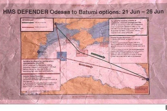 Bản đồ về kế hoạch hành trình của chiếc HMS Defender đã được lên từ trước (Ảnh: BBC).