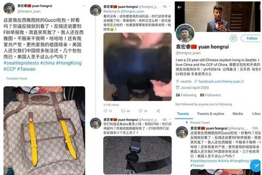 Viên Hồng Nhuệ khoe chiếc túi Gucci cướp được khi tham gia biểu tình cùng những người da đen (Ảnh: Twitter).