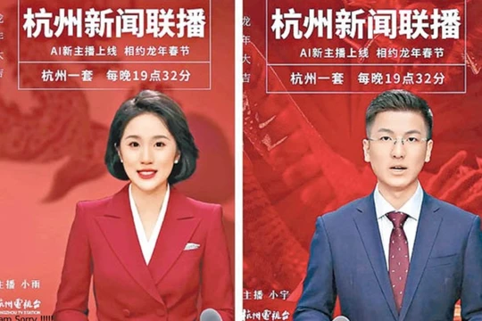 Hai người dẫn chương trình AI Tiểu Vũ và Tiểu Kỳ của Đài Truyền hình Hàng Châu đảm nhận dẫn chương trình Tết Giáp Thìn vừa qua (Ảnh: Đông Phương).