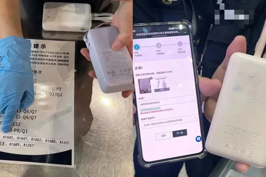 Nhân viên an ninh sân bay đối chiếu danh mục thiết bị sạc vi phạm để thu hồi. Ảnh: Ifeng.