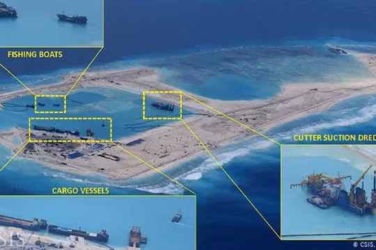 Các tàu thuyền, máy móc của Trung Quốc đang hút cát lấp biển để xây dựng đảo nhân tạo ở đá Chữ Thập ở quần đảo Trường Sa thuộc chủ quyền Việt Nam (Ảnh: CSIS)