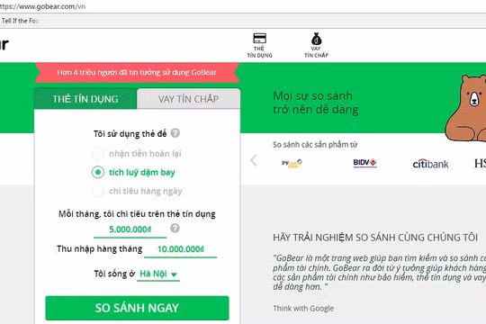 Giao diện website của Gobear Việt Nam hiện cung cấp dịch vụ so sánh thẻ tín dụng và vay tín chấp.