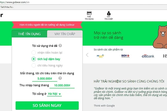 Giao diện website của Gobear Việt Nam hiện cung cấp dịch vụ so sánh thẻ tín dụng và vay tín chấp.