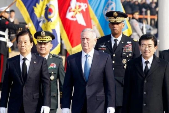 Bộ trưởng Quốc phòng Mỹ James Mattis trong chuyến thăm Hàn Quốc từ ngày 2 đến ngày 3 tháng 2 năm 2017. Ảnh: The Telegraph