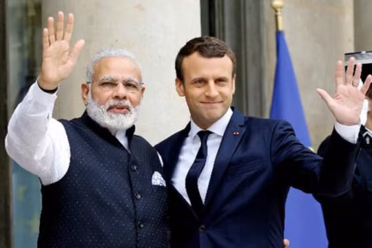 Ngày 3/6/2017, Thủ tướng Ấn Độ Narendra Modi tiến hành hội đàm với Tổng thống Pháp Emmanuel Macron. Ảnh: Reuters/Kyodo