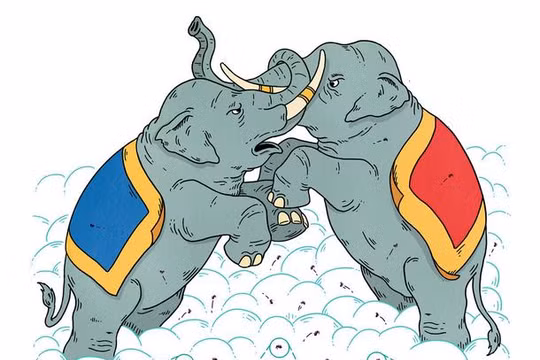 Có người ví chiến tranh thương mại Trung - Mỹ như là "voi đánh nhau, kiến thiệt mạng" hay "trâu bò đánh nhau, ruồi muỗi chết". Ảnh: New York Times.