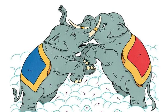 Có người ví chiến tranh thương mại Trung - Mỹ như là "voi đánh nhau, kiến thiệt mạng" hay "trâu bò đánh nhau, ruồi muỗi chết". Ảnh: New York Times.