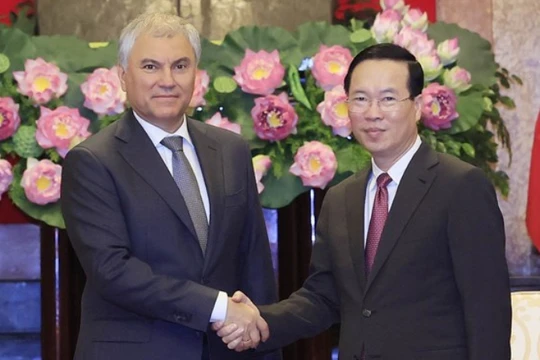 Chủ tịch nước Võ Văn Thưởng tiếp Chủ tịch Duma Quốc gia Nga Vyacheslav Viktorovich Volodin. (Ảnh: Thống Nhất/TTXVN)