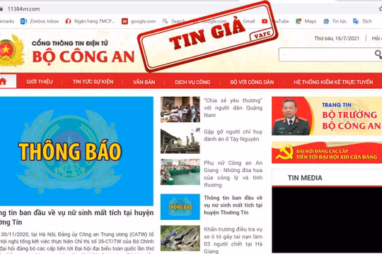 Website giả mạo Bộ Công an bị gắn nhãn tin giả. Ảnh: VAFC.