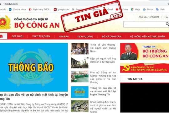 Website giả mạo Bộ Công an bị gắn nhãn tin giả. Ảnh: VAFC.