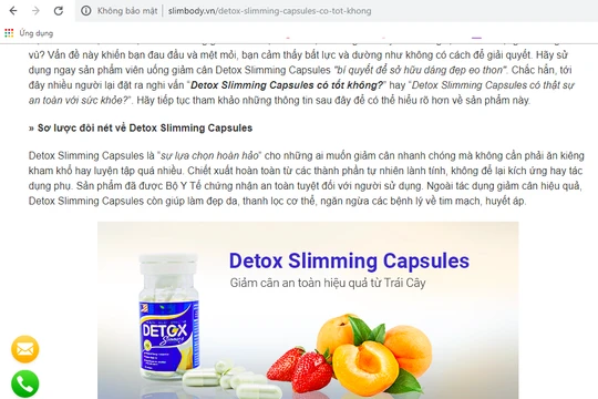 Ảnh chụp màn hình trang web quảng cáo sản phẩm detox vi phạm quy định.