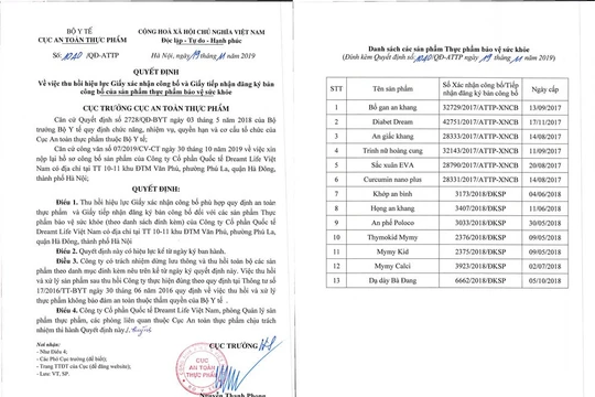 Quyết định thu hồi hiệu lực giấy xác nhận công bố và giấy tiếp nhận đăng ký bản công bố sản phẩm thực phẩm của Cục An toàn thực phẩm.