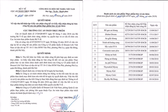 Quyết định thu hồi hiệu lực giấy xác nhận công bố và giấy tiếp nhận đăng ký bản công bố sản phẩm thực phẩm của Cục An toàn thực phẩm.