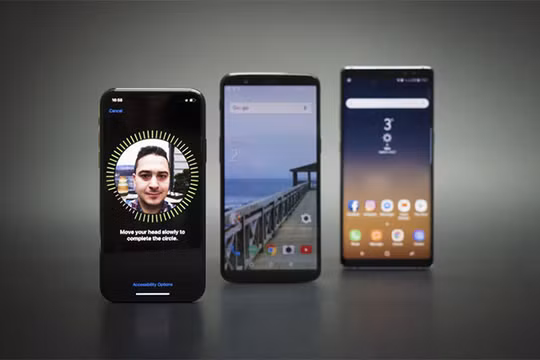 Samsung Galaxy Note 8, iPhone X và OnePlus 5T đều sở hữu công nghệ nhận dạng khuôn mặt. (Ảnh: Phone Arena)