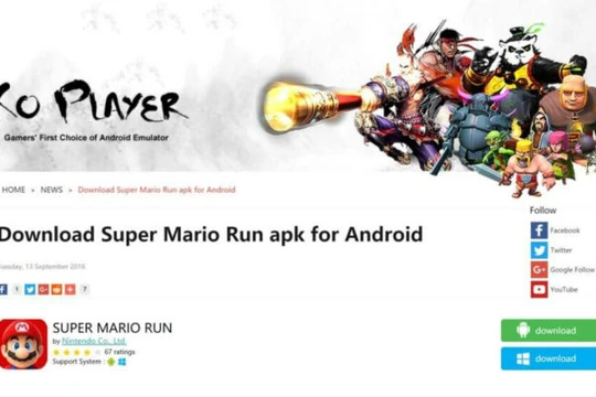 Mạng KO Player chia sẻ tập tin cài đặt Super Mario Run cho Android và Windows nhưng thực chất là tập tin nhúng kèm mã độc - Ảnh: VentureBeat