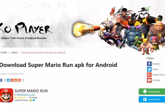 Mạng KO Player chia sẻ tập tin cài đặt Super Mario Run cho Android và Windows nhưng thực chất là tập tin nhúng kèm mã độc - Ảnh: VentureBeat