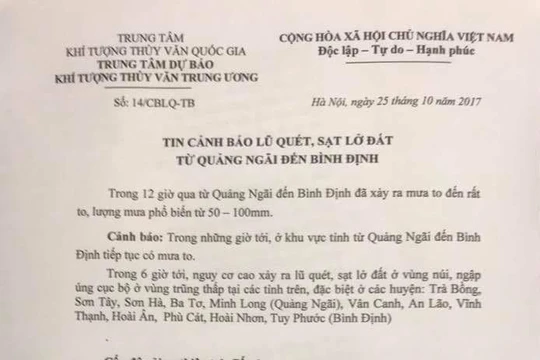Cảnh báo lũ quét tại Quảng Ngãi, Bình Định.