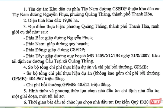 Thanh Hóa giao hơn 18ha đất cho nhà đầu tư thực hiện dự án Khu dân cư phía Tây đường CSEDP.