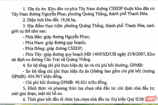 Thanh Hóa giao hơn 18ha đất cho nhà đầu tư thực hiện dự án Khu dân cư phía Tây đường CSEDP.