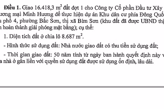 Công ty Minh Hương vừa được giao 1,6ha đất (đợt 1) để thực hiện dự án KDC phía Đông Quốc lộ 1A.
