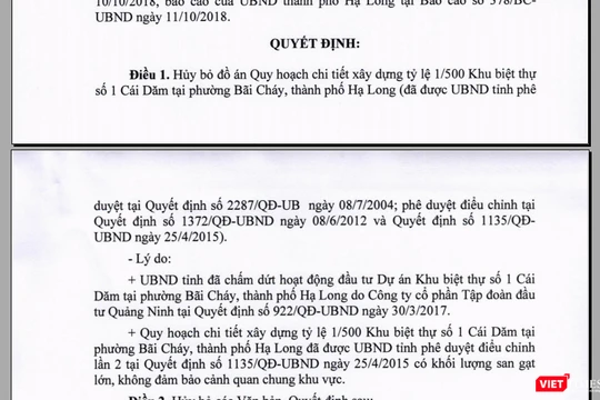Hủy bỏ đồ án Quy hoạch chi tiết xây dựng tỷ lệ 1/500 Khu biệt thự só 1 Cái Dăm tại phường Bãi Cháy, TP Hạ Long.