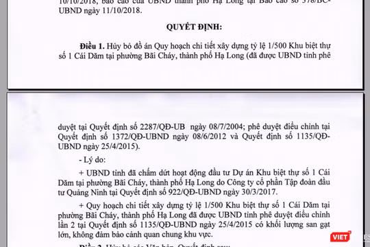 Hủy bỏ đồ án Quy hoạch chi tiết xây dựng tỷ lệ 1/500 Khu biệt thự só 1 Cái Dăm tại phường Bãi Cháy, TP Hạ Long.