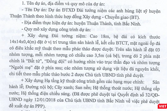Dự án Đầu tư xây dựng Đài tưởng niệm các anh hùng liệt sỹ huyện Thuận Thành với tổng mức đầu tư hơn 44 tỷ đồng.
