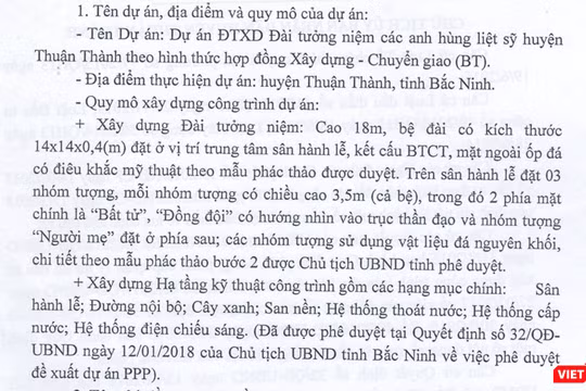 Dự án Đầu tư xây dựng Đài tưởng niệm các anh hùng liệt sỹ huyện Thuận Thành với tổng mức đầu tư hơn 44 tỷ đồng.