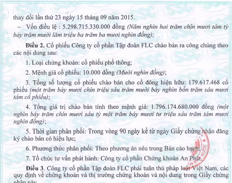 Trích Giấy chứng nhận số 15/GCN-UBCK mà SSC vừa cấp cho FLC.