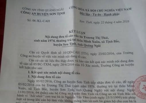 Kết luận của Công an huyện Sơn Tịnh