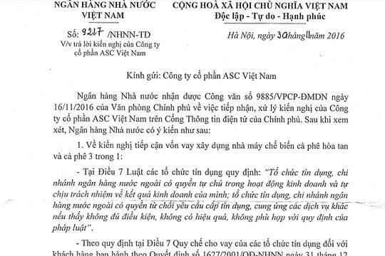 Trích công văn trả lời kiến nghị của NHNN.