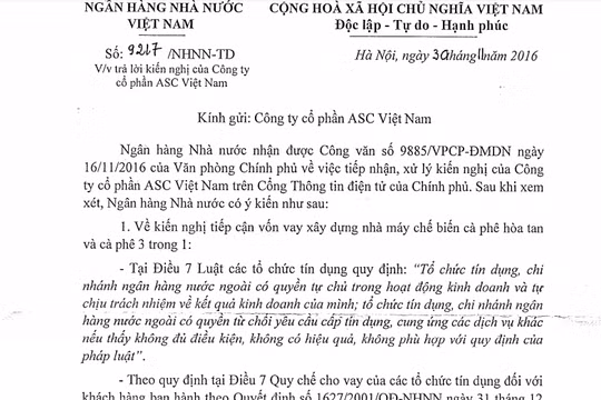 Trích công văn trả lời kiến nghị của NHNN.