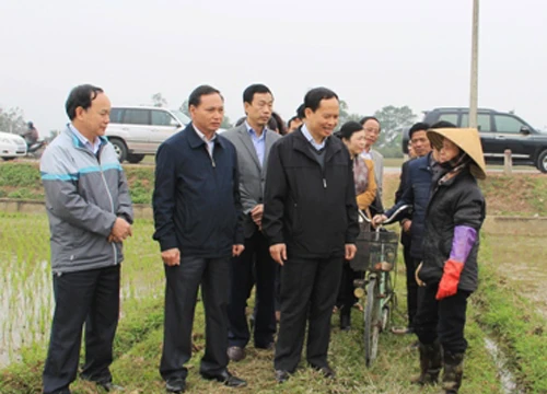 Bí thư Tỉnh ủy Thanh Hóa Trịnh Văn Chiến (thứ 4 từ trái qua) đang đối thoại với người dân trong một lần kiểm tra tình hình gieo cấy tại xã Thái Hòa, huyện Triệu Sơn, vào tháng 2 vừa qua - Ảnh: Cổng TTĐT tỉnh Thanh Hóa