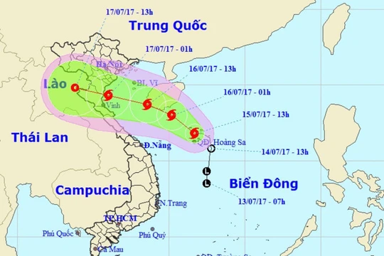 Hướng di chuyển của bão số 2. Ảnh: Trung tâm dự báo Khí tượng Thủy văn Trung ương. 