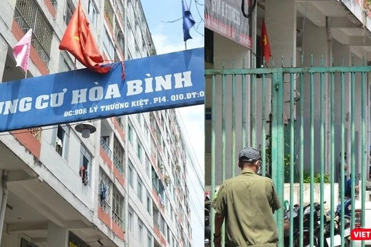 Cận cảnh chung cư Hòa Bình phong tỏa nghiêm ngặt, nơi bệnh nhân số 48 sinh sống. Ảnh: N.T